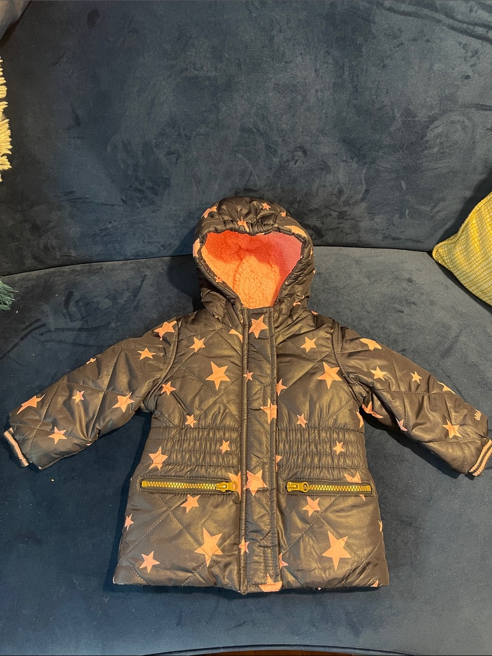 Girls Navy Puffer Jacket with Pink Star Print and Lining